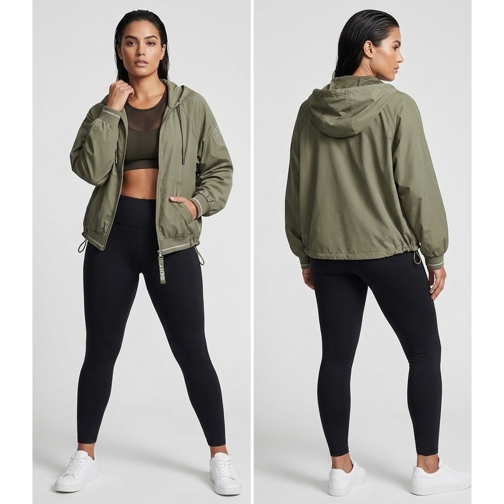 DKNY Sport Women's Windbreaker Jacket Medium Olive Green Camo Hooded Mesh Lined